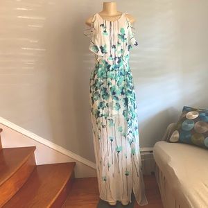 • BCBG Max Azria • White, Aqua, Navy Floral gown